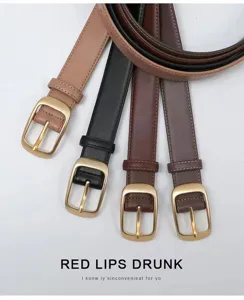 Womens fashion minimalist leather belt with premium metal pin buckle for casual daily wear.