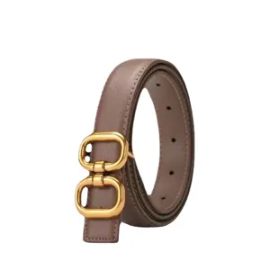 Stylish women's genuine leather belt featuring a unique gold double buckle design.