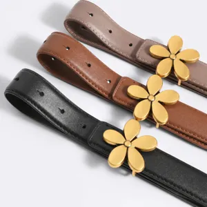 Women leather belt with gold flower buckle multi-hole punch-free casual dress waist belt