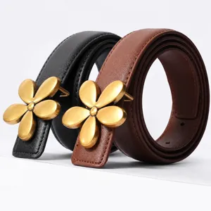 Women genuine leather belt with gold flower smooth buckle casual dress jeans waist belt