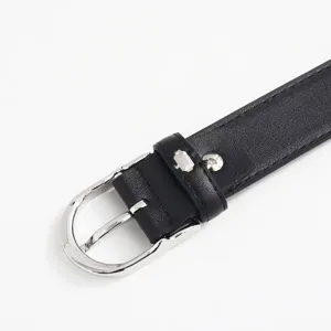 Classic black leather belt for women with elegant silver metal buckle minimalist design.