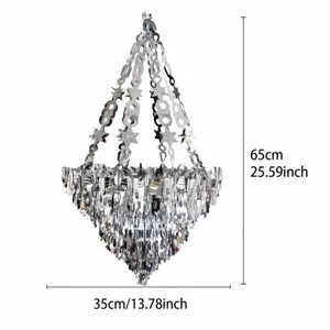 Detail view of the silver foil chandelier hanging decoration with stars and fringe design.