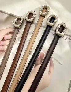 Women thin leather belt with elegant pearl rhinestone buckle stylish waist accessory for dresses.