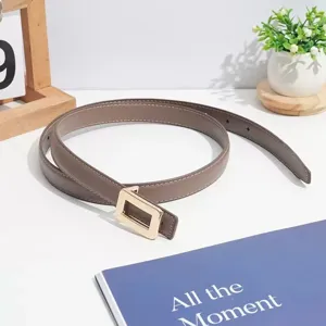 Elegant taupe leather belt for women, featuring a chic gold-tone square buckle detail.