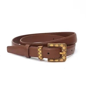 Elegant brown leather women's belt with vintage gold-tone geometric buckle and loop.