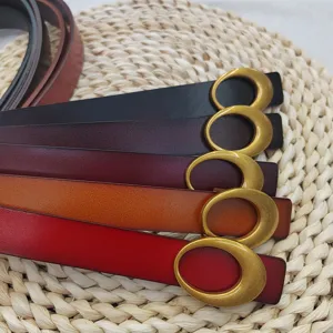 Gedetailleerde close-up van meerkleurige lederen riemen met retro gouden gespen.