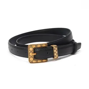 Women genuine leather black belt with vintage gold geometric buckle for stylish outfits