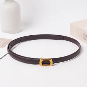 Vue rapprochée d'une fine ceinture en cuir marron foncé avec une boucle dorée ovale épurée.