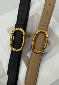 Detailed view of women's genuine leather belt with stylish segmented oval gold metal buckle.