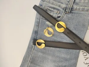 Stylish women black leather belt with unique gold ring buckle, perfect for casual jeans wear.