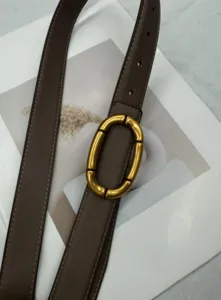 Close-up of elegant brown leather women belt featuring unique gold oval buckle detail.