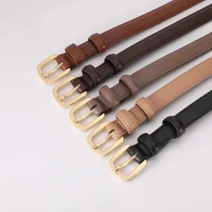 Women's thin leather belt set with gold buckle, casual stylish waist belt for jeans and suits.
