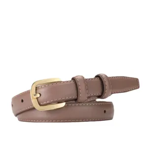 Women leather belt casual minimalist slim waist belt with gold pin buckle for jeans suit
