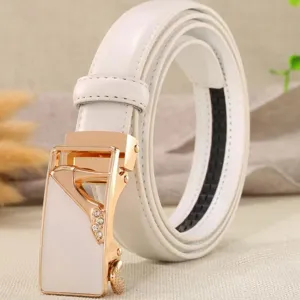 Women white leather belt with stylish gold automatic buckle and rhinestone decoration casual daily