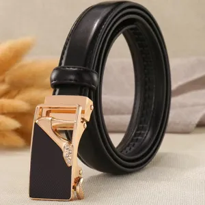 Womens black leather belt with gold high heel automatic buckle fashion accessory for ladies.