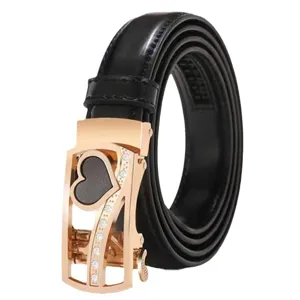 Women's black leather belt with rose gold heart rhinestone automatic buckle for daily wear.