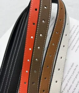 Dettaglio della cintura in pelle, pregiata trama epsom con cuciture a contrasto, multicolore.