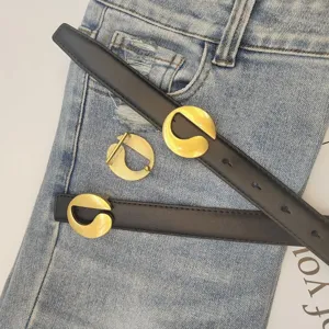 Women Genuine Leather Belt Minimalist Versatile Casual Dress Belt With Gold Geometric Metal Buckle For Jeans Pants