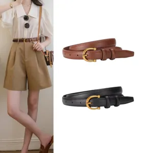 Women leather belt minimalist thin waist strap vintage gold buckle stylish jeans accessory