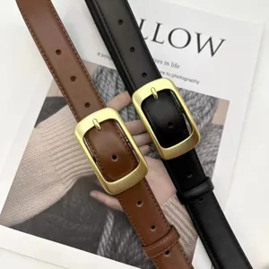 Women genuine leather belt detail shot, stylish metal pin buckle, classic black and brown straps.