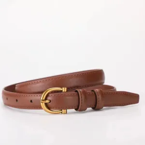 Women brown leather belt with gold metal buckle, stylish slim belt for casual dresses jeans.