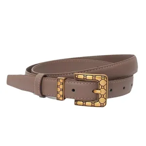 Women's genuine leather belt with vintage gold geometric metal buckle elegant casual accessory