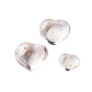 Natural polished clear quartz crystal heart stones set, healing energy crystal decor item.