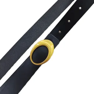 Vrouwen echt lederen zwarte riem met gouden ovale gesp mode taille accessoire hoofdafbeelding