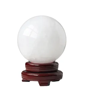 Natural White Crystal Ball Iceland Spar Calcite Polished Stone Sphere Feng Shui Ornament With Wooden Base Home Decor Sculpture