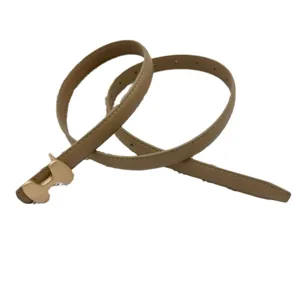 Slim genuine leather women belt with golden H buckle, versatile for jeans and dresses main view.