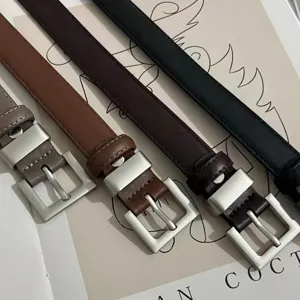 Women's Genuine Leather Belt Casual Minimalist Business Waist Belt With Square Alloy Buckle For Jeans Suits