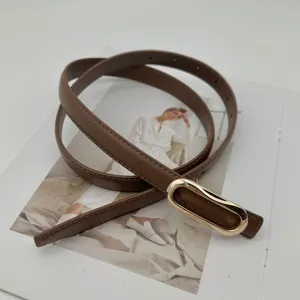 Détail de ceinture fine en cuir marron, design élégant avec boucle dorée pour pantalon.