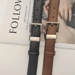 Women's slim leather belt set with metal square buckle, classic black and brown casual dress belt.