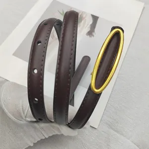 Cintura sottile da donna in vera pelle marrone con elegante fibbia ovale dorata accessorio