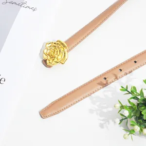 Elegant women's thin leather belt featuring a luxury gold rose flower metal buckle design.