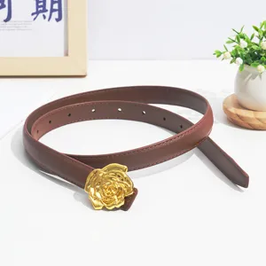 Women brown leather belt with elegant gold rose metal buckle for jeans and dresses chic stylish