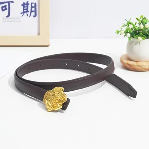 Women slim brown leather belt with elegant gold rose flower metal buckle for jeans and dresses.
