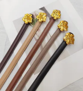 Women thin leather belt set with elegant gold leaf buckle versatile dress waist strap 5pcs