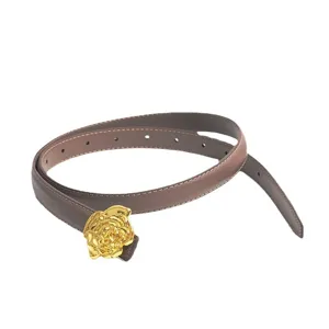 Elegant women leather belt with gold flower buckle, chic accessory for jeans and dresses.