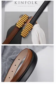 Women's minimalist fashion belt with stylish gold metal bar buckle for jeans and daily wear.