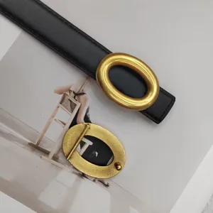 Ceinture femme en cuir noir avec boucle ovale dorée élégante pour robe et jean
