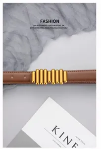 Women's brown leather belt with unique metallic bar buckle minimalist elegant accessory
