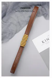Detail view of brown leather women belt with stylish gold metallic cylinder decoration.