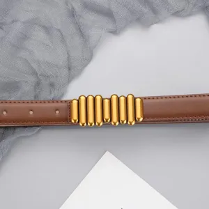 Women brown leather belt with unique gold metallic bar buckle fashion jeans accessory