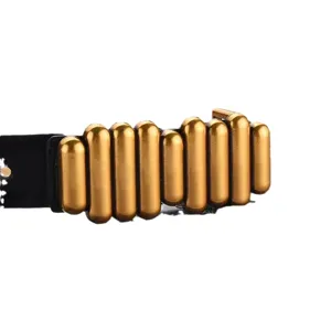 Stylish women's decorative belt with gold cylinder metal buckle and black strap for jeans.