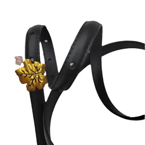 Womens black thin leather belt with stylish gold leaf buckle, versatile dress waist chain.