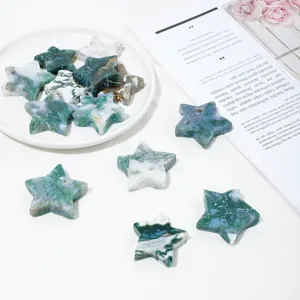 Natural green moss agate star carved crystals, DIY jewelry and desktop decor pieces.