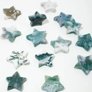 Natural green moss agate star crystal carving detail shot, perfect for DIY crafts desktop decor.