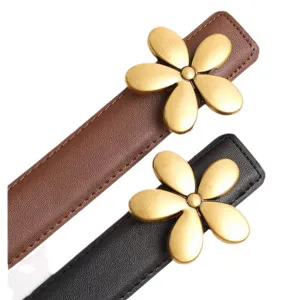 Women's genuine leather belt with stylish antique brass flower buckle, 3.0cm wide versatile strap.
