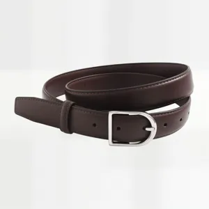 Detail shot of a dark brown leather belt featuring a silver D-buckle and fine stitching.